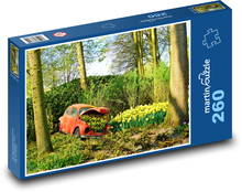 Volkswagen beetle - car wreck, daffodils Puzzle 260 pieces - 41 x 28.7 cm 