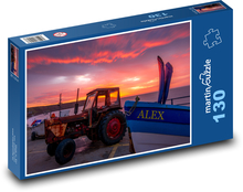 Východ slnka, čln, traktor Puzzle 130 dielikov - 28,7 x 20 cm 