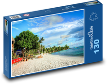 Tropikalna plaża z palmami, plaża Matira Puzzle 130 elementów - 28,7x20 cm
