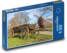 Dřevěný vůz a větrný mlýn Puzzle 130 dílků - 28,7 x 20 cm