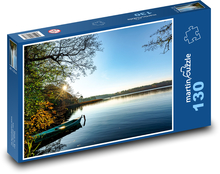 Jezioro z łódką - przyroda, drzewa Puzzle 130 elementów - 28,7x20 cm