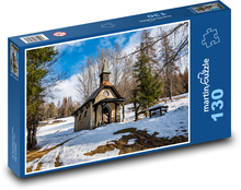 Kaplica - góry, śnieg Puzzle 130 elementów - 28,7x20 cm