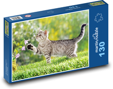 Cat in the garden - pet, flowers Puzzle 130 pieces - 28.7 x 20 cm 