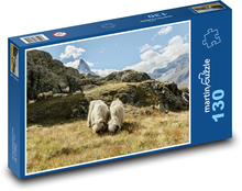 Walliserská černonosá ovce - hory, pastvina Puzzle 130 dílků - 28,7 x 20 cm
