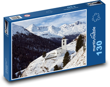 Zimní krajina - zasněžené hory, kostel Puzzle 130 dílků - 28,7 x 20 cm