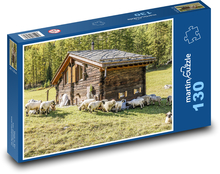 Vysokohorská chata - pastvina, ovce  Puzzle 130 dílků - 28,7 x 20 cm