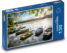 Jezioro - zachód słońca, łodzie Puzzle 130 elementów - 28,7x20 cm