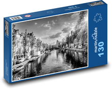 Amsterdam - kanál, černý a bílý Puzzle 130 dílků - 28,7 x 20 cm