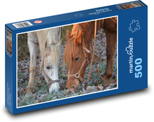 Brown and white horse grazing on frozen grass Puzzle of 500 pieces - 46 x 30 cm