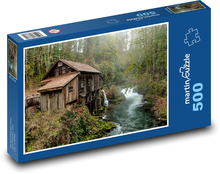 Dřevěný dům, řeka, les Puzzle 500 dílků - 46 x 30 cm