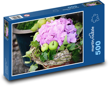 Růžové květy - hortenzie, jablka Puzzle 500 - 46x30 cm
