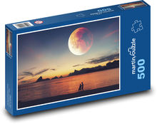 Západ slunce u jezera - měsíc, večer Puzzle 500 dílků - 46 x 30 cm