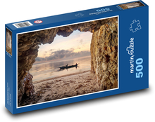 Jeskyně u pobřeží - loď. západ slunce Puzzle 500 dílků - 46 x 30 cm