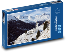 Zimní krajina - zasněžené hory, kostel Puzzle 500 dílků - 46 x 30 cm