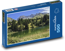 Švýcarské lesy - stromy, jezero Puzzle 500 dílků - 46 x 30 cm