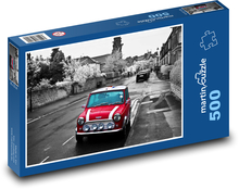 Czerwony samochód - czarno-białe zdjęcie, Mini Cooper Puzzle 500 elementów - 46x30 cm