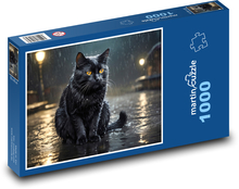 Czarny kot w deszczu na ulicy Puzzle 1000 elementów - 60x46 cm
