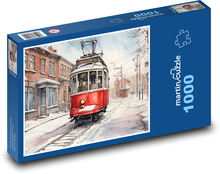 Tramvaj v zasněžené ulici Puzzle 1000 dílků - 60 x 46 cm