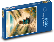 Kind sitzt am Strand am Meer Puzzle 1000 Teile - 60 x 46 cm
