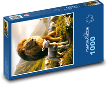 Lew i jagnięcina na pastwisku Puzzle 1000 elementów - 60x46 cm