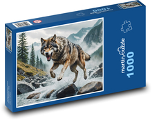 Vlk běžící v divoké řece Puzzle 1000 dílků - 60 x 46 cm