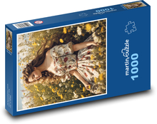 A woman sitting on a meadow in flowers Puzzle 1000 pieces - 60 x 46 cm 