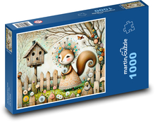 Veverka na zahrádce s květinami Puzzle 1000 dílků - 60 x 46 cm
