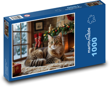 A cat by the fireplace at Christmas Puzzle 1000 pieces - 60 x 46 cm 