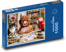 Cat, dog, macaw and turtle play cards Puzzle 1000 pieces - 60 x 46 cm