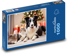 A cat and a dog by the Christmas tree Puzzle 1000 pieces - 60 x 46 cm 