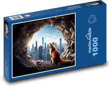 Líška v jaskyni, ktorá sa pozerá na mesto Puzzle 1000 dielikov - 60 x 46 cm 