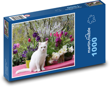 Weiße Katze mit Blumen Puzzle 1000 Teile - 60 x 46 cm