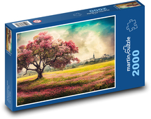 Rozkwitające różowe drzewo poza miastem Puzzle 2000 elementów - 90x60 cm
