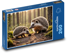 Jeże w lesie pośród drzew Puzzle 260 elementów - 41x28,7 cm