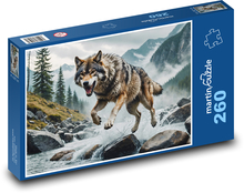 A wolf running in a wild river Puzzle 260 pieces - 41 x 28.7 cm 