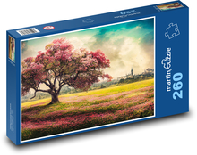 Rozkwitające różowe drzewo poza miastem Puzzle 260 elementów - 41x28,7 cm