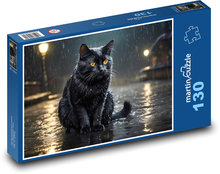 Black cat in the rain on the street Puzzle 130 pieces - 28.7 x 20 cm 