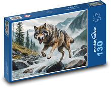 Ein Wolf, der in einem wilden Fluss rennt Puzzle 130 Teile - 28,7x20 cm
