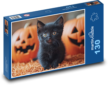 Čierne mačiatko a halloweenske tekvice Puzzle 130 dielikov - 28,7 x 20 cm 
