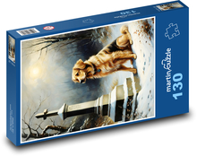 Pes sedící u kříže Puzzle 130 dílků - 28,7 x 20 cm