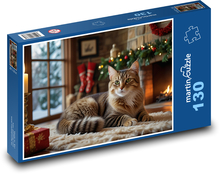 Kot przy kominku w Boże Narodzenie Puzzle 130 elementów - 28,7x20 cm