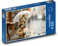 Uroczy kotek w deszczu z parasolem Puzzle 130 elementów - 28,7x20 cm