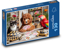 Kočka, pes, ara a želva hrají karty Puzzle 130 dílků - 28,7 x 20 cm