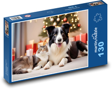 A cat and a dog by the Christmas tree Puzzle 130 pieces - 28.7 x 20 cm 