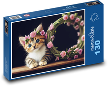 Kleine Katze mit rosa Blüten Puzzle 130 Teile - 28,7x20 cm