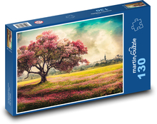 Ein blühender rosa Baum außerhalb der Stadt Puzzle 130 Teile - 28,7x20 cm