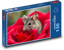 Červená růže - myš Puzzle 130 dílků - 28,7 x 20 cm