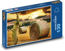 Západ slunce - pole, balík sena Puzzle 130 dílků - 28,7 x 20 cm